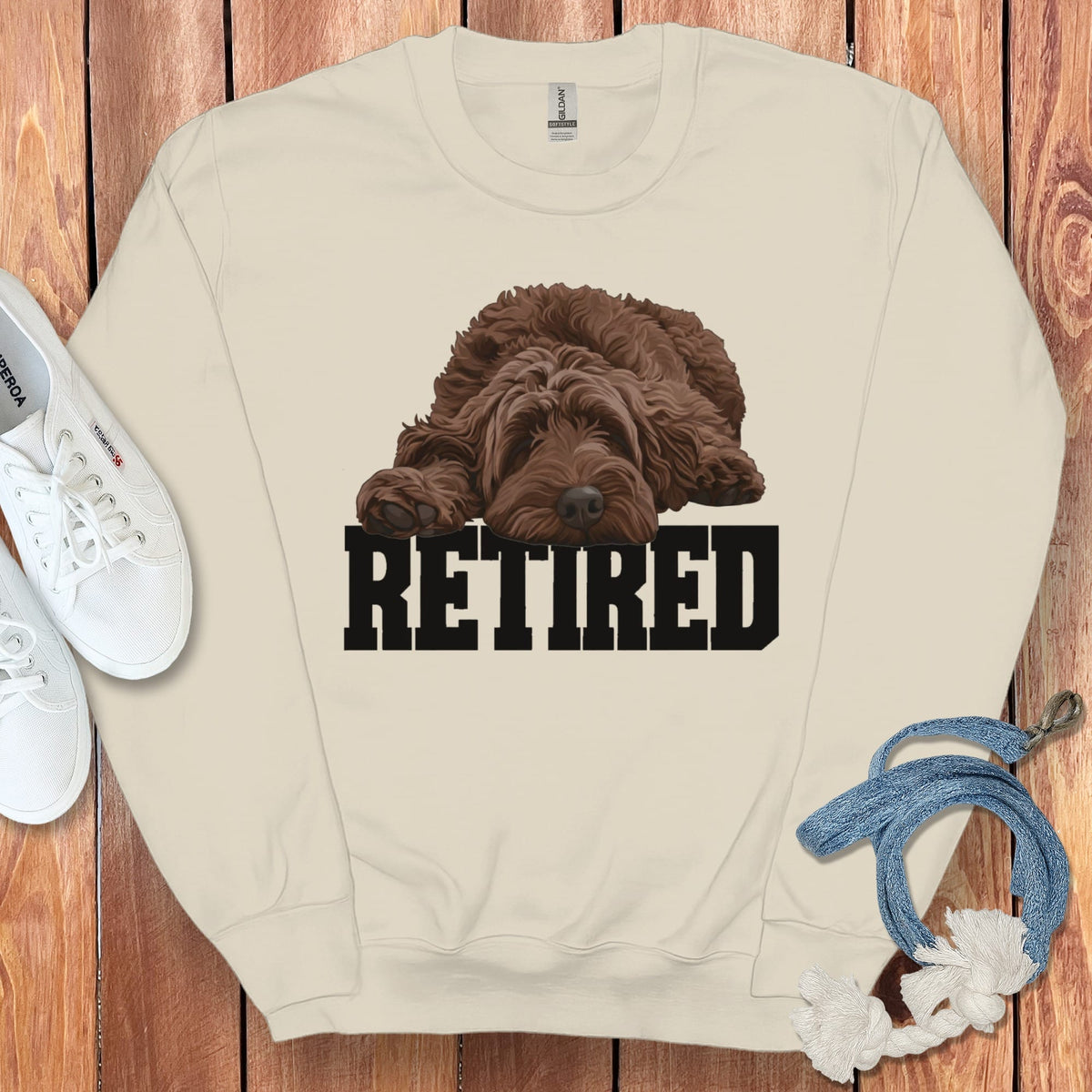 Retired Sleeping Chocolate Goldendoodle Sweatshirt in Sand / S by Puppy Jo