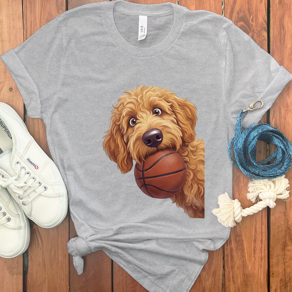 Apricot Goldendoodle Basketball T-Shirt in Athletic Heather / S by Puppy Jo