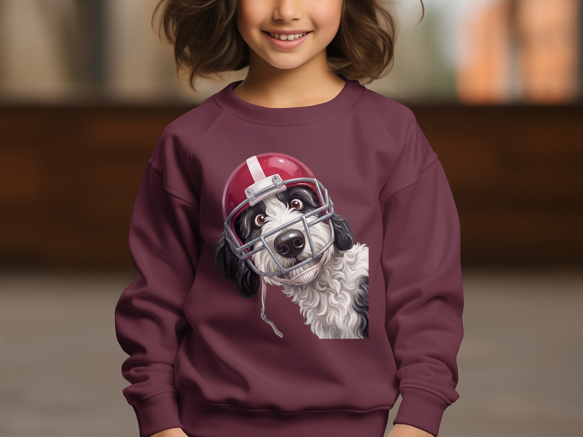 Maroon sweatshirt featuring a dog wearing a red football helmet.