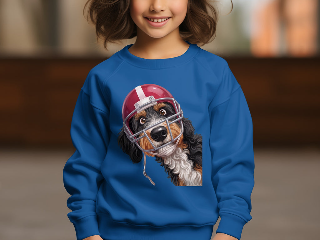 Bernese Mountain Dog wearing a red football helmet on a blue sweatshirt.
