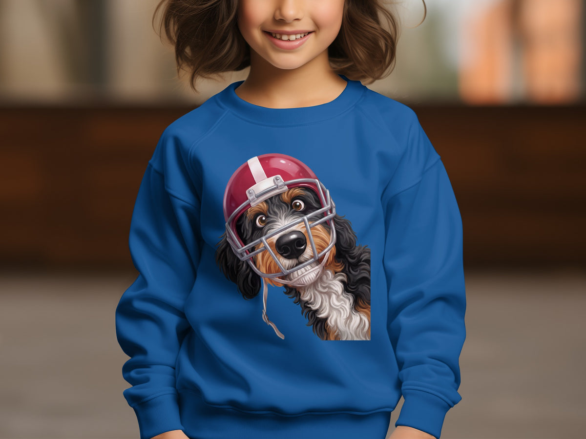 Bernese Mountain Dog wearing a red football helmet on a blue sweatshirt.
