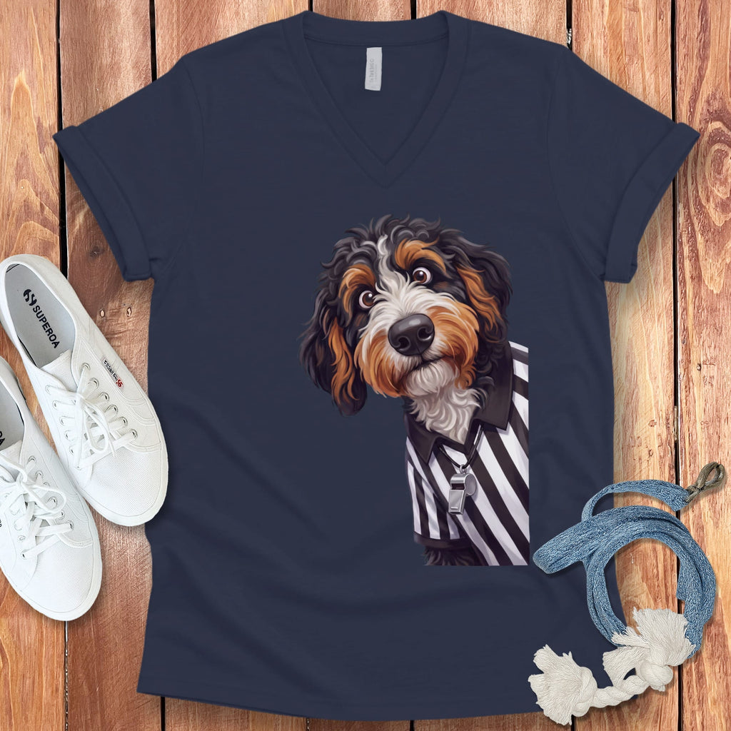 Bernedoodle Football Referee V-Neck T-Shirt in Navy / S by Puppy Jo