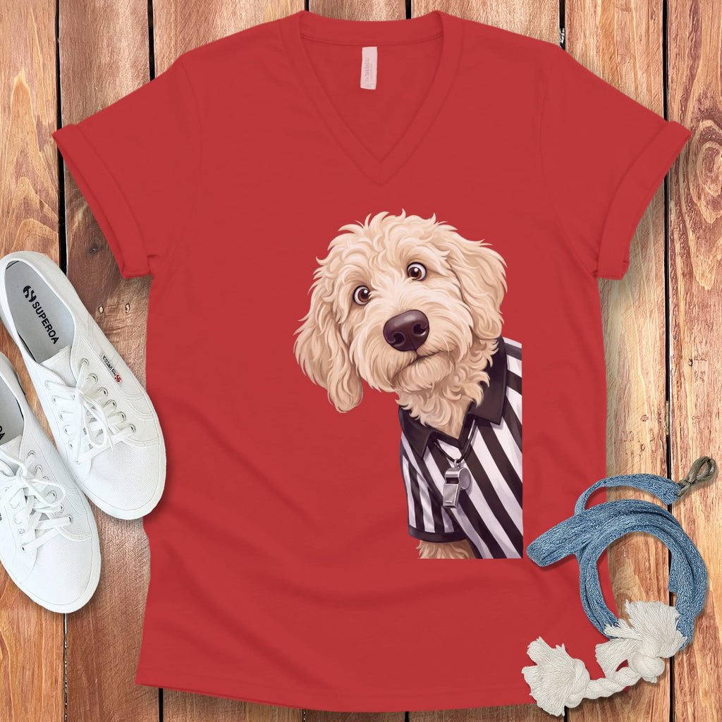 Cream Goldendoodle Football Referee V-Neck T-Shirt in Red / S by Puppy Jo