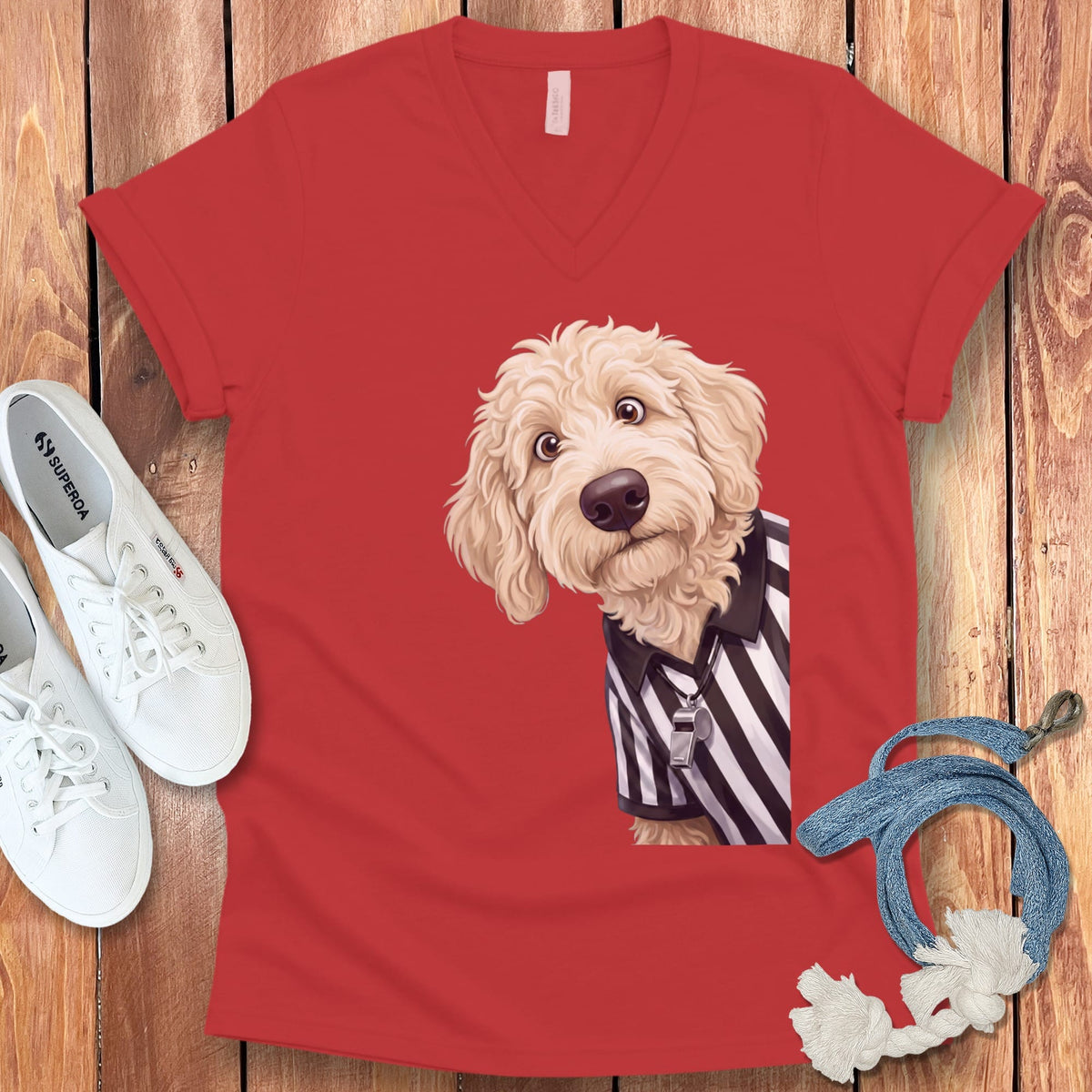Cream Goldendoodle Football Referee V-Neck T-Shirt in Red / S by Puppy Jo