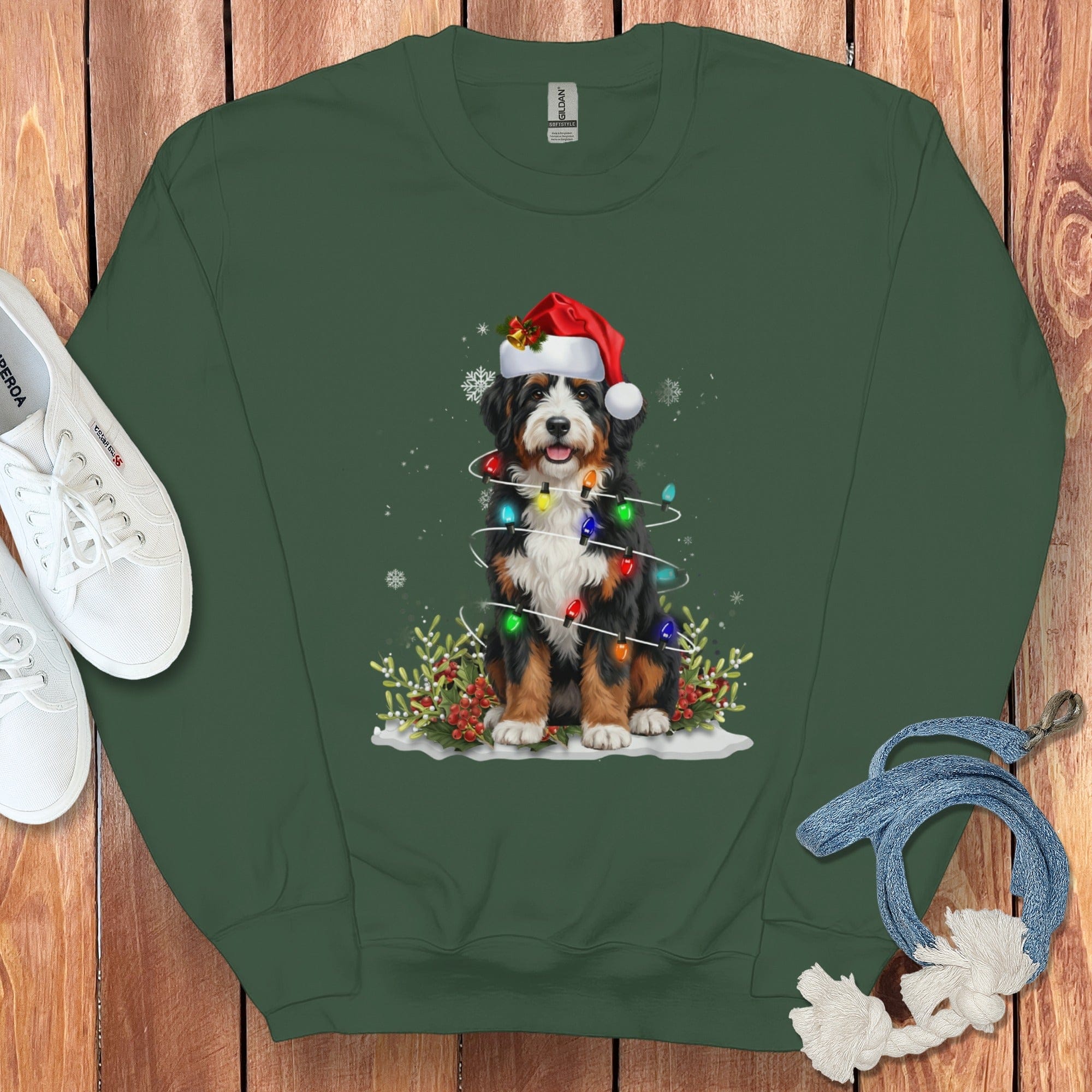 Cute Dog with Christmas Lights Holiday Sweatshirt
