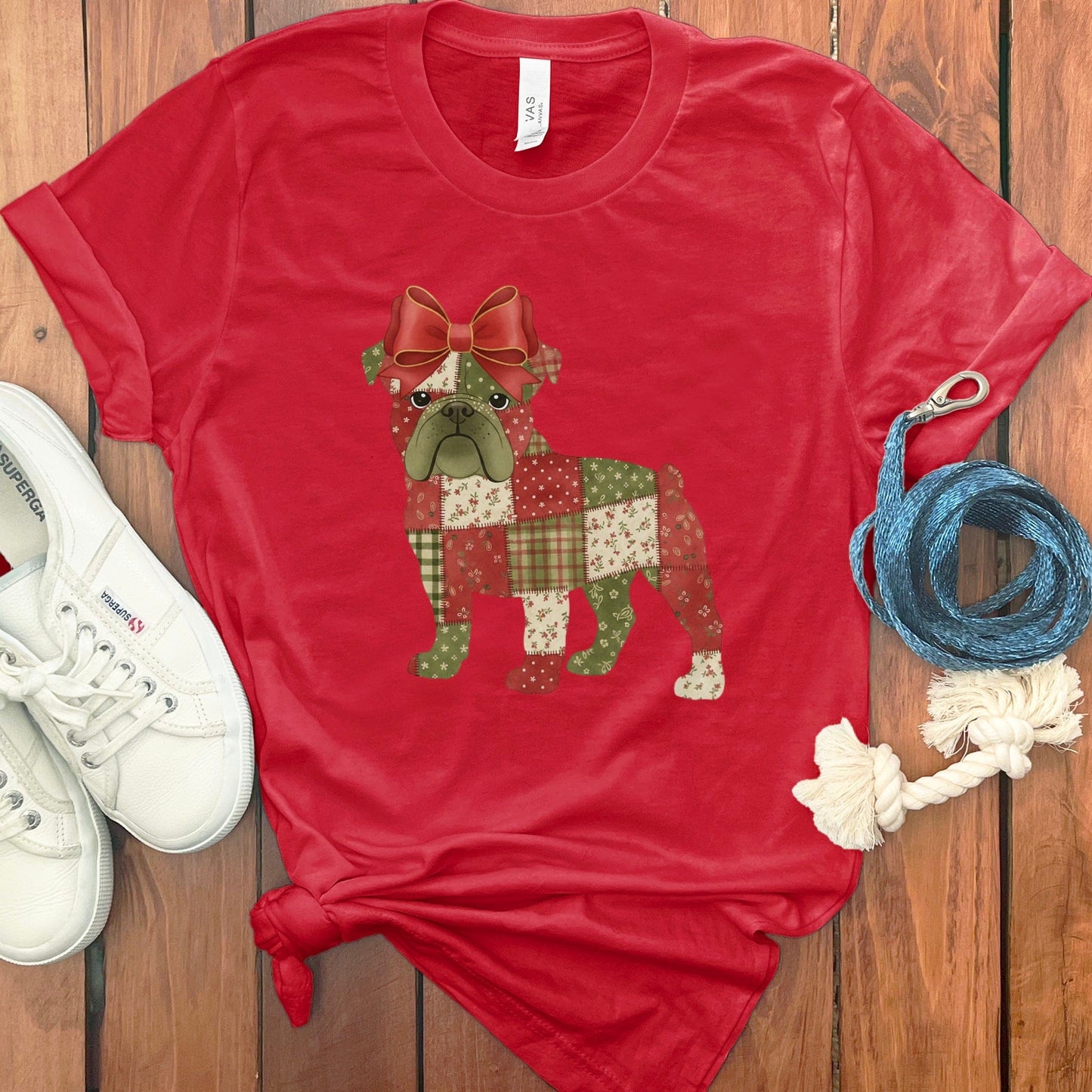 Adorable Bulldog Patchwork Design on Red Shirt product type