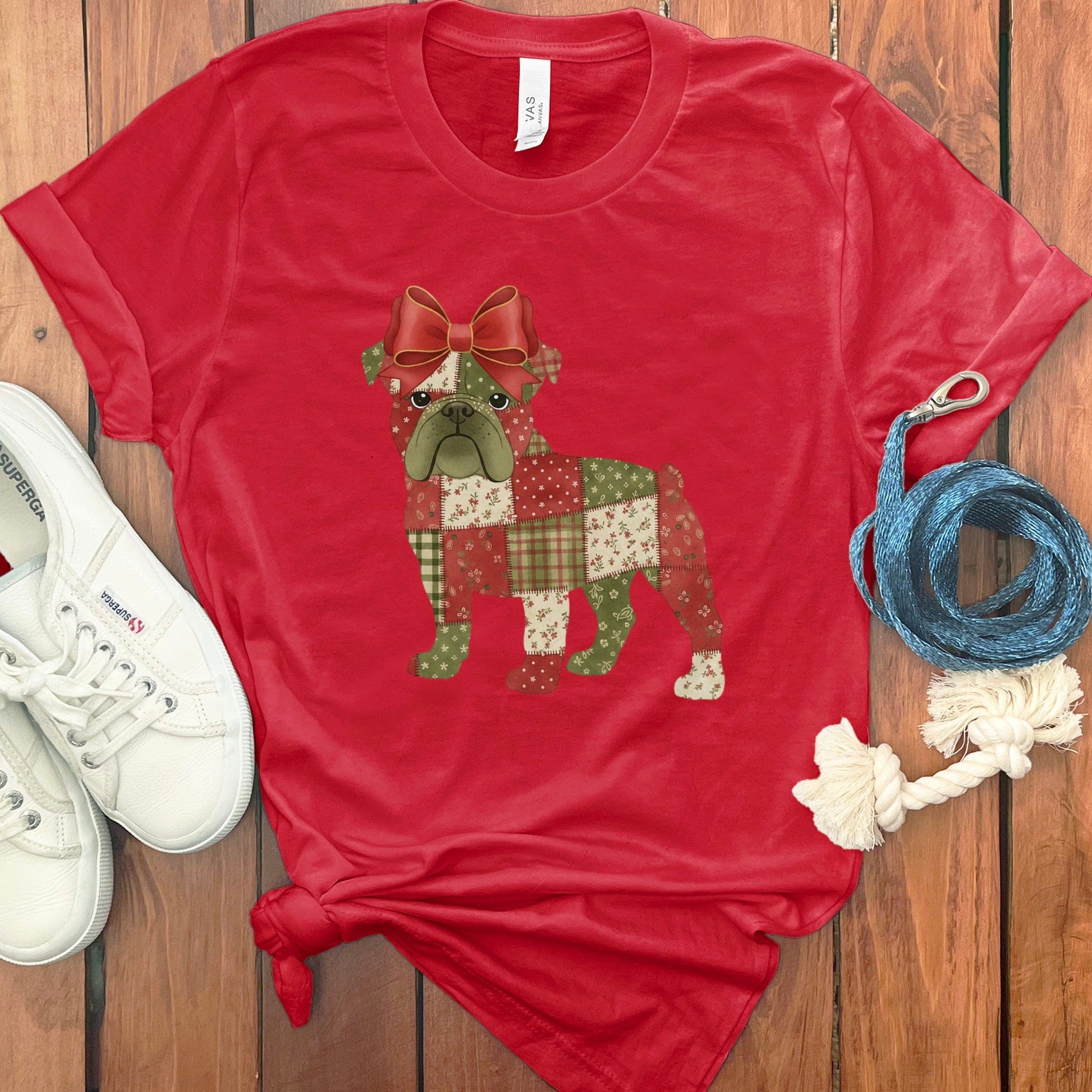 Adorable Bulldog Patchwork Design on Red Shirt product type