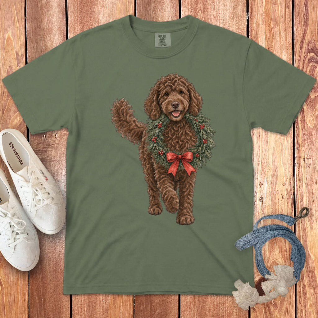 Chocolate Goldendoodle Wreath Signature T-Shirt in Moss / S by Puppy Jo