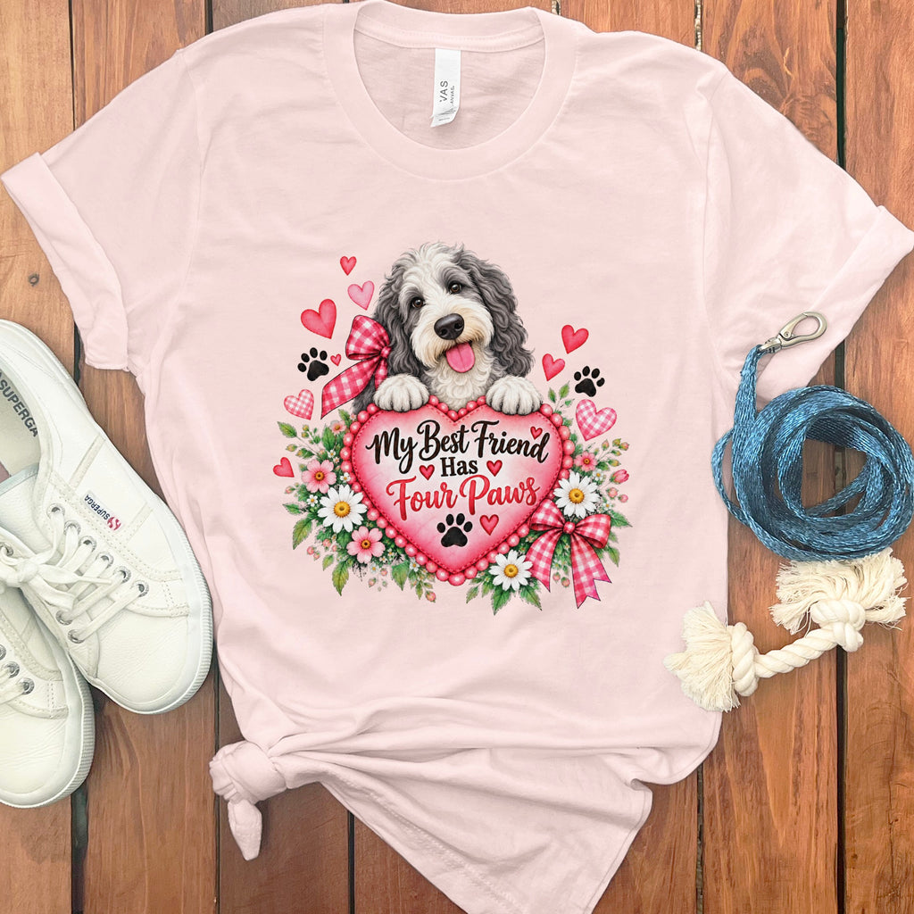A light pink t-shirt featuring a doodle dog graphic, a floral heart, and the text My Best Friend Has Four Paws.
