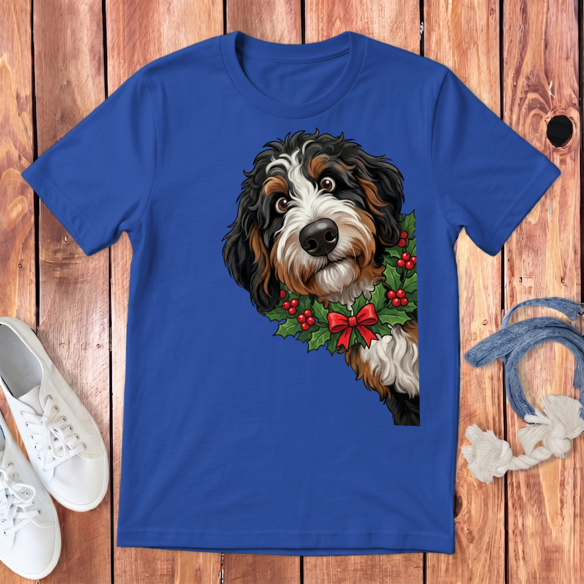 Bernese Mountain Dog wearing a holly wreath with red bow on royal blue t-shirt.