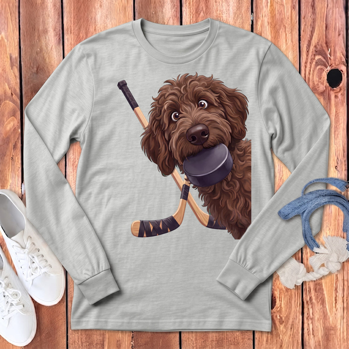 Chocolate Goldendoodle Hockey Long Sleeve T-Shirt in Athletic Heather / S by Puppy Jo