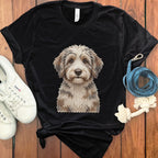 Adorable Fluffy Dog Printed on Black T-Shirt