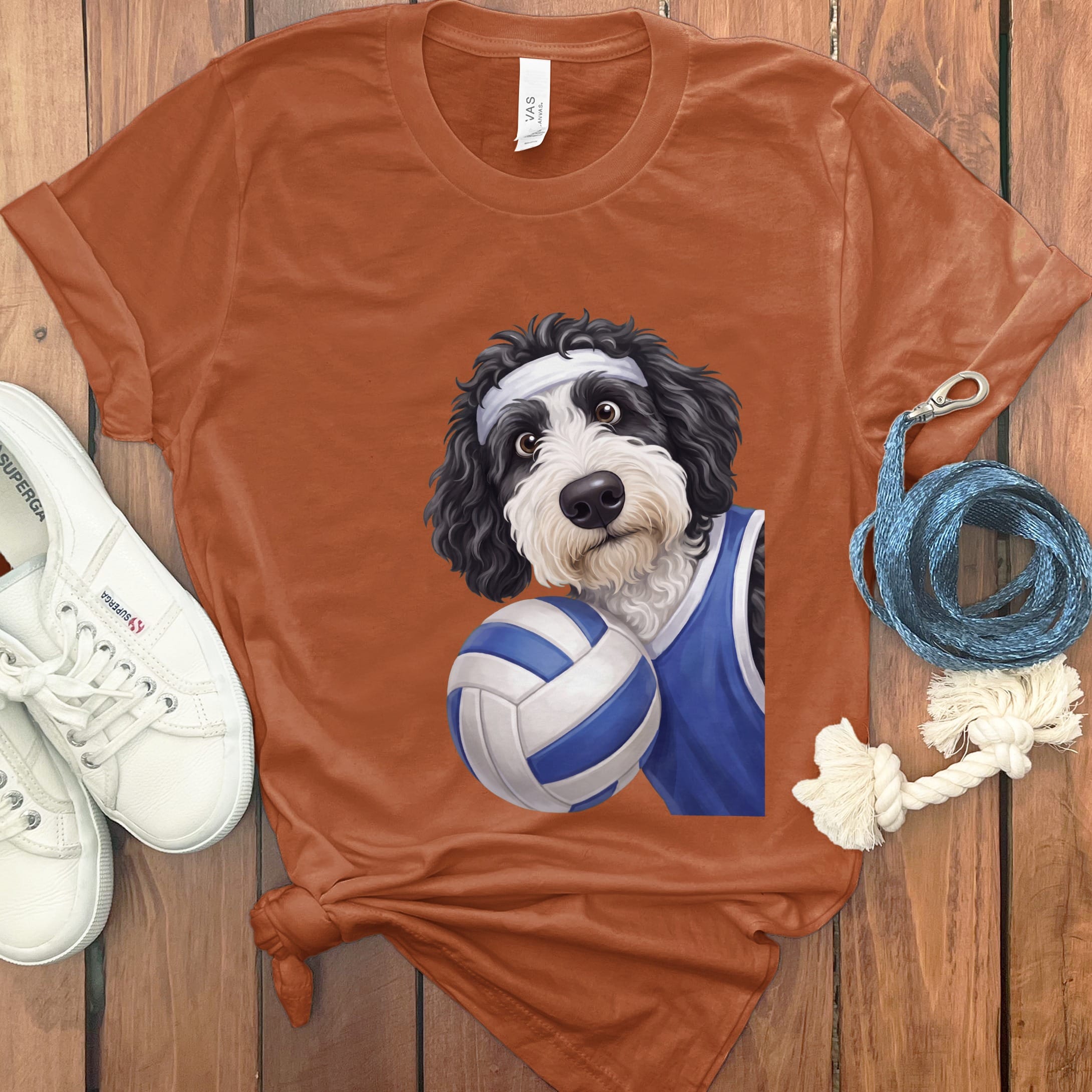 Sheepadoodle Volleyballl Player T-Shirt in Autumn / S by Puppy Jo