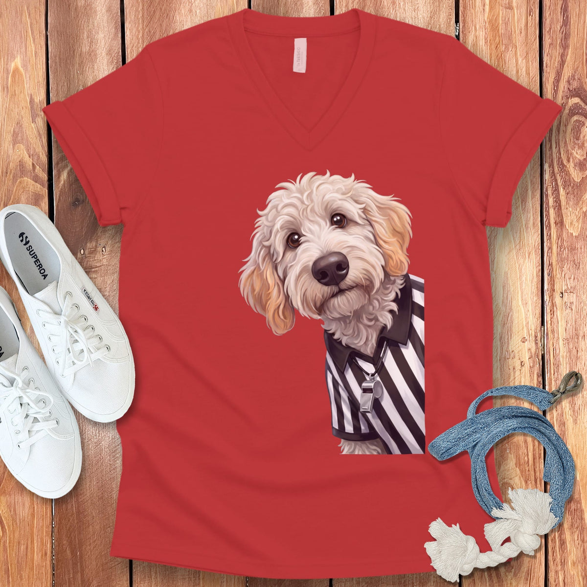 Maltipoo Football Referee V-Neck T-Shirt in Red / S by Puppy Jo