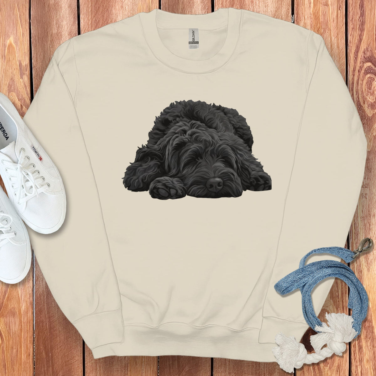 Black Goldendoodle Snoozing Sweatshirt in Sand / S by Puppy Jo