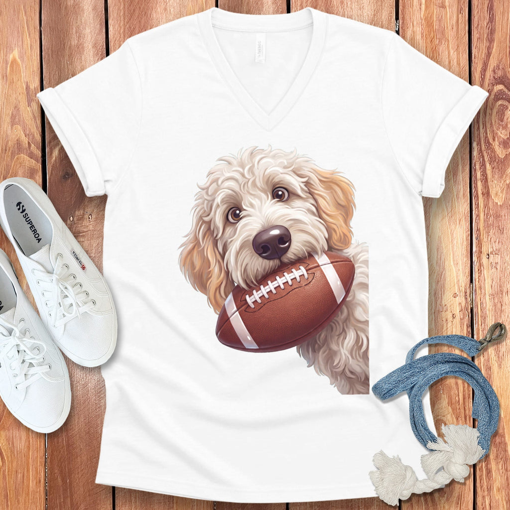 Maltipoo Football V-Neck T-Shirt in White / S by Puppy Jo