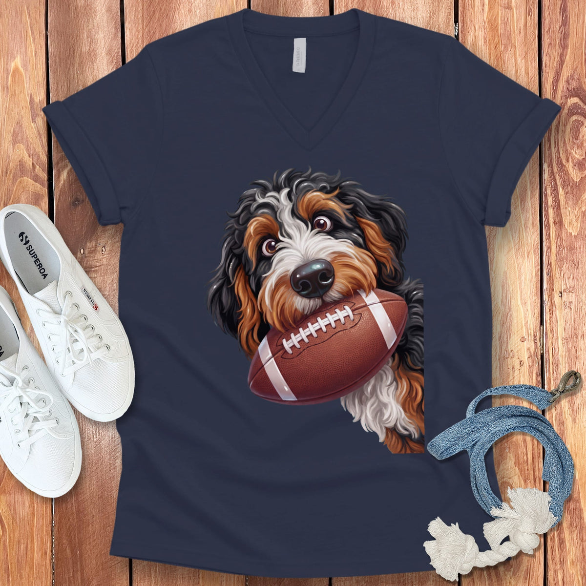 Bernedoodle Football V-Neck T-Shirt in Navy / S by Puppy Jo