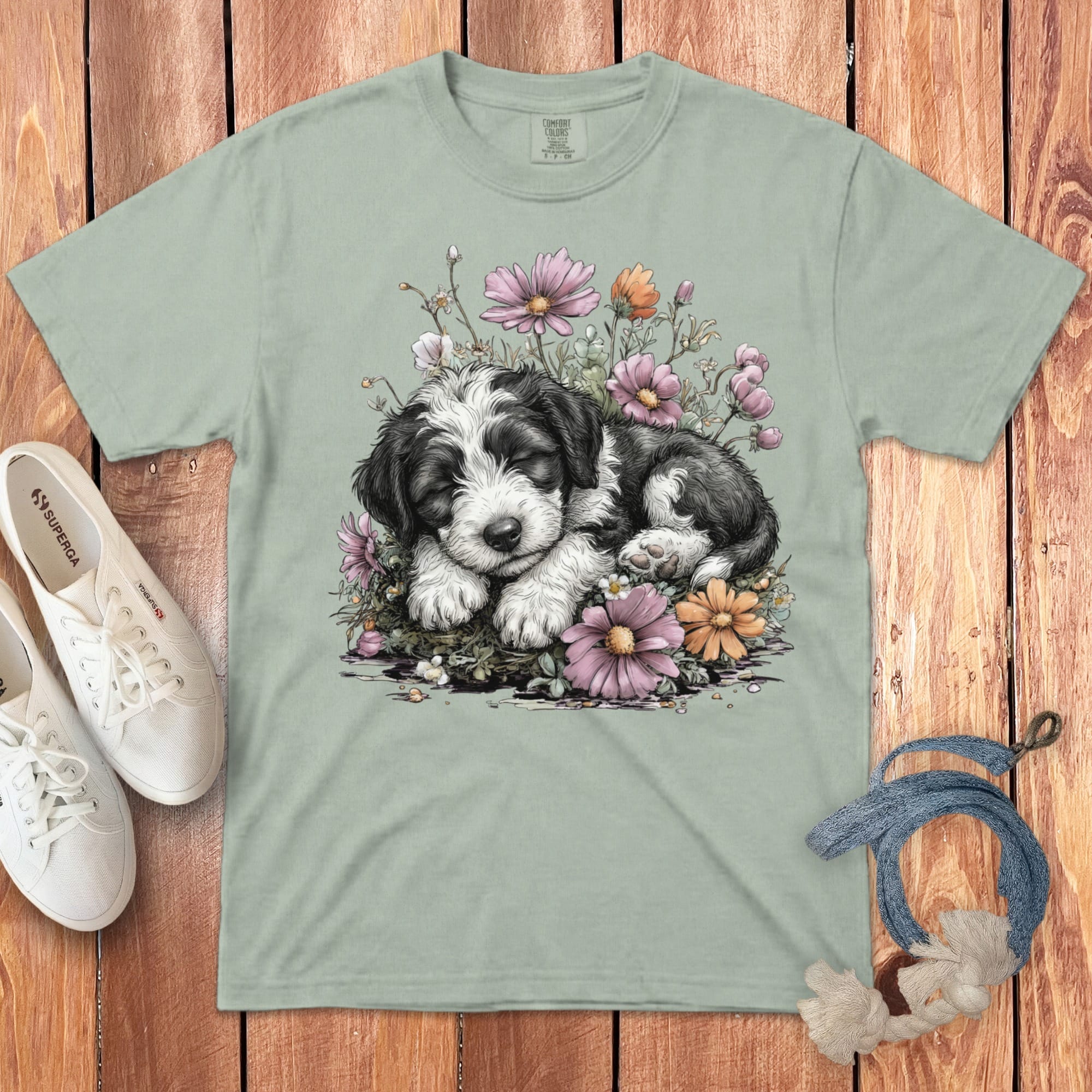 T-shirt with a sleeping black and white puppy nestled in pink and orange flowers.