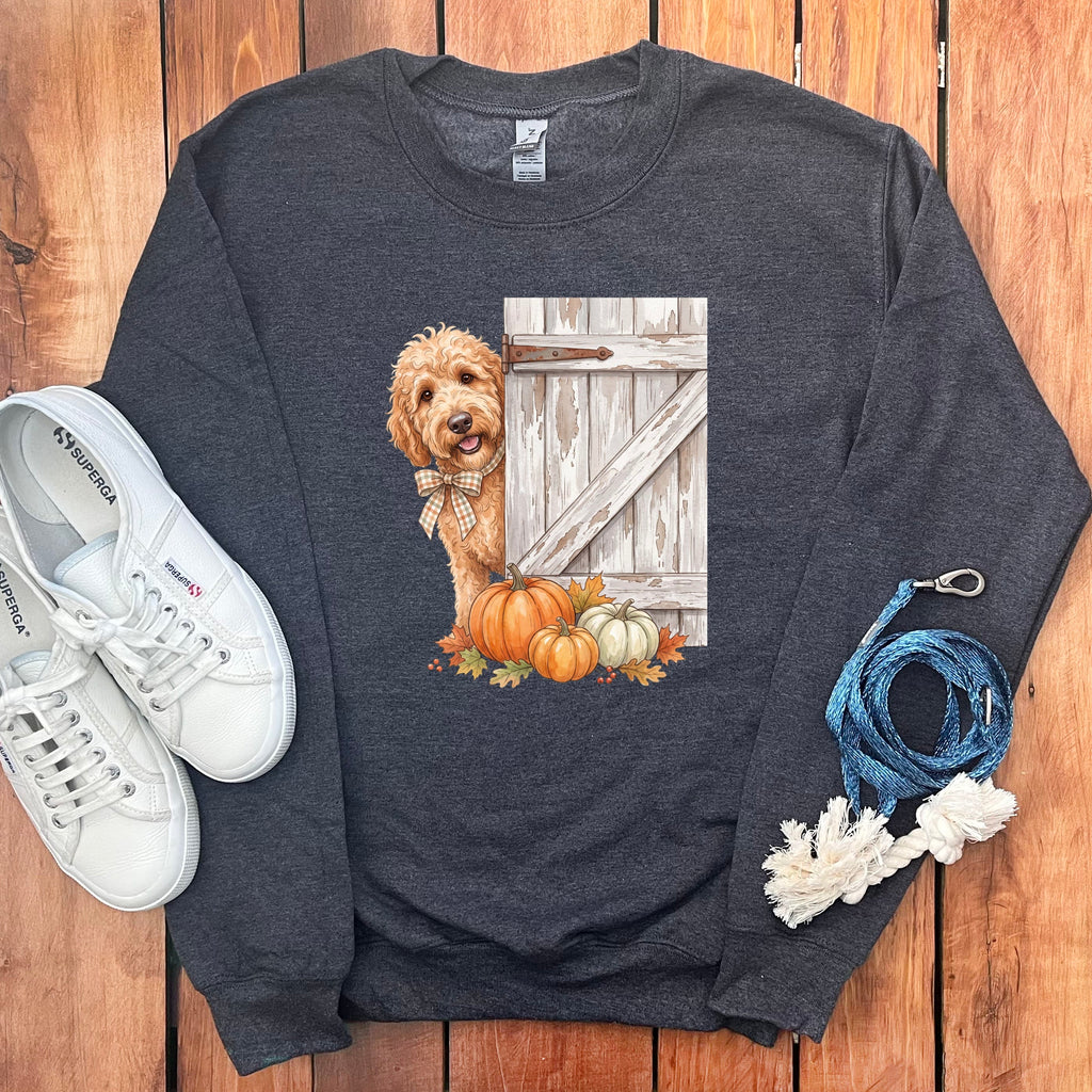 Apricot Goldendoodle Barn Peeking Sweatshirt in Dark Heather / S by Puppy Jo