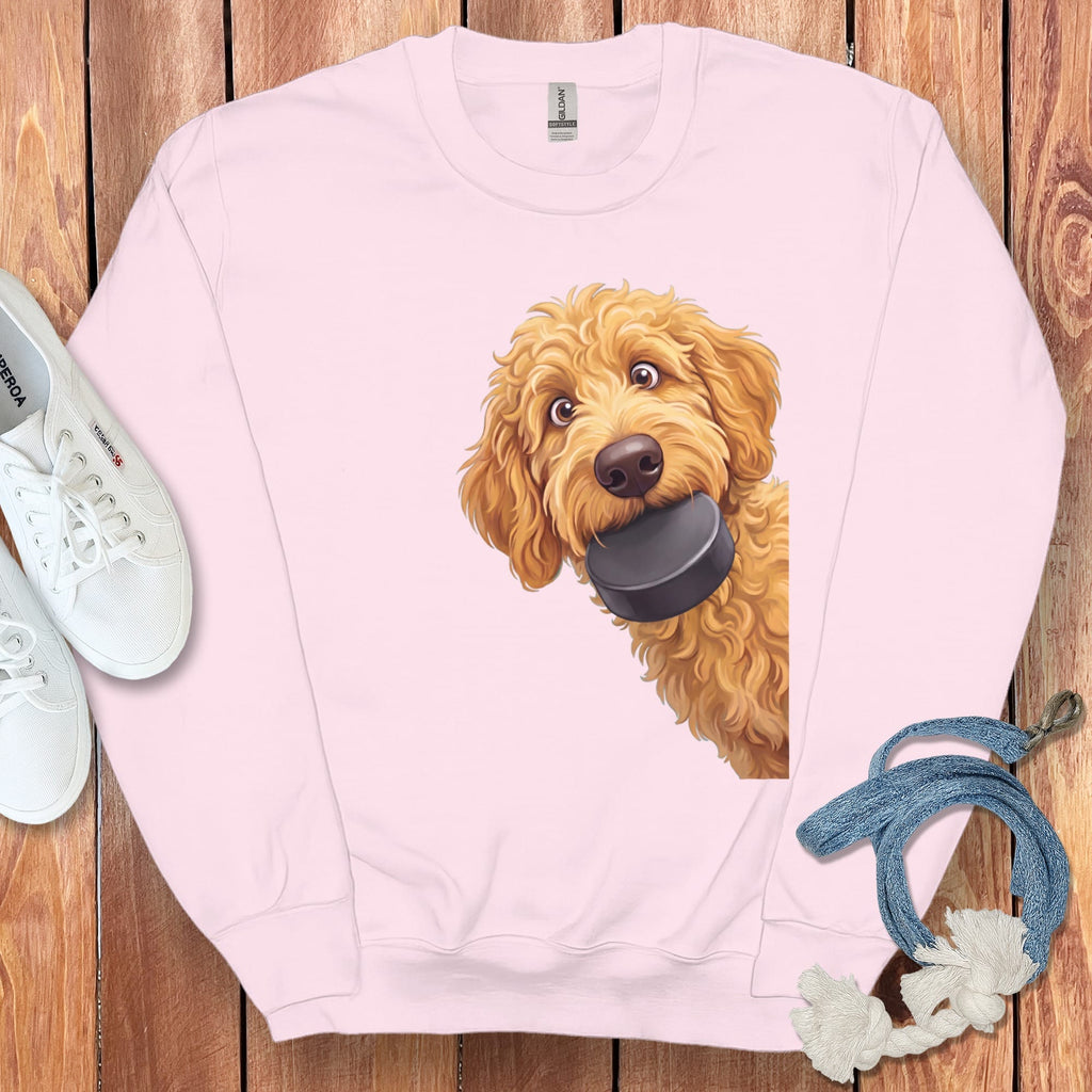 Golden Goldendoodle Hockey Puck Sweatshirt in Light Pink / S by Puppy Jo