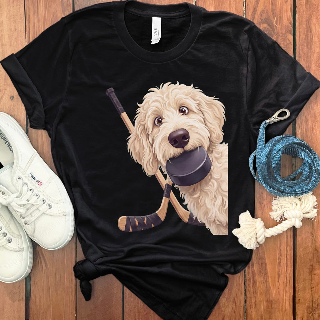 Cream Goldendoodle Hockey T-Shirt in Black / S by Puppy Jo