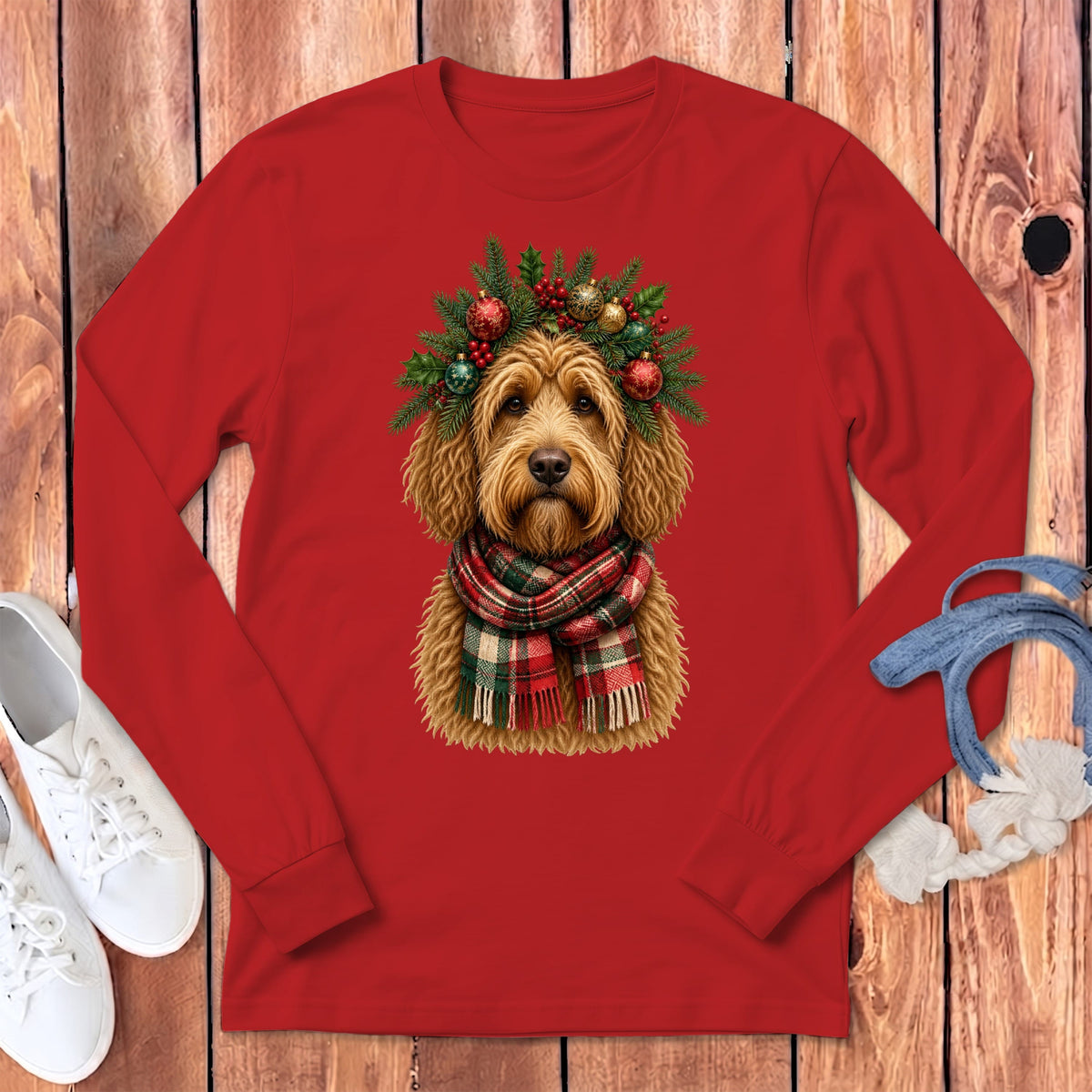 Golden Goldendoodle Holiday Crown Long Sleeve T-Shirt in Red / S by MyDesigns