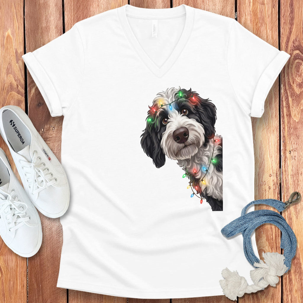 Peeking Sheepadoodle Holiday V-Neck T-Shirt in White / S by Puppy Jo