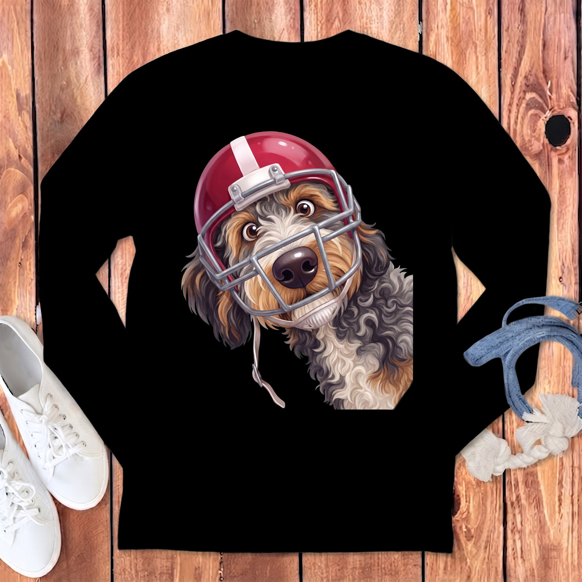 Dog wearing a red and white football helmet, front view.