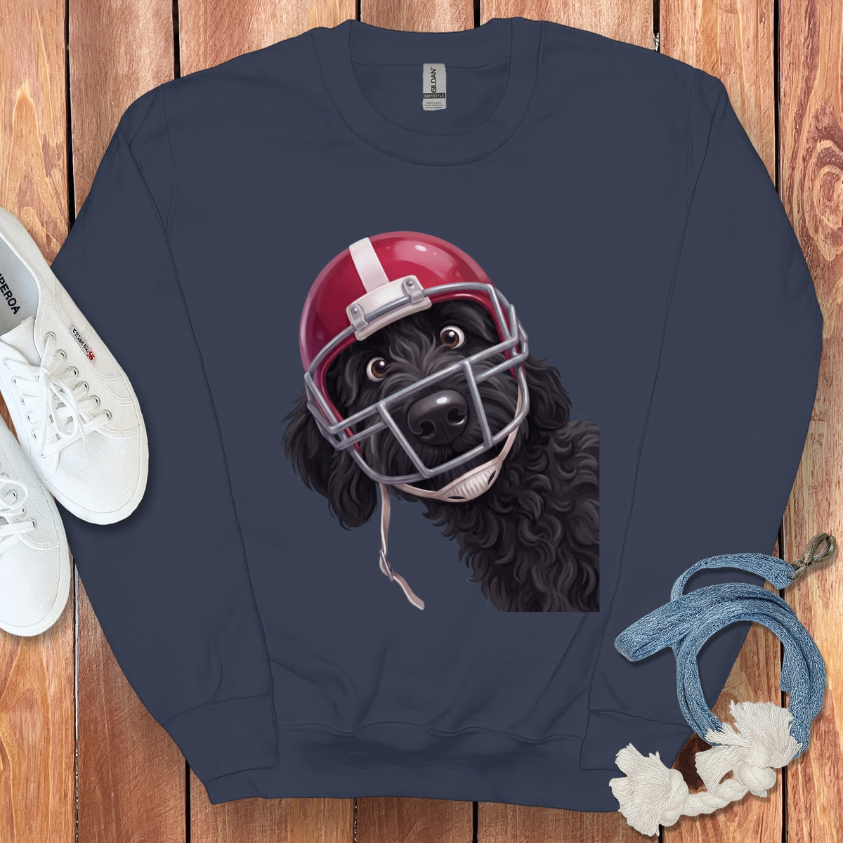 Black Goldendoodle Football Helmet Sweatshirt in Navy / S by Puppy Jo