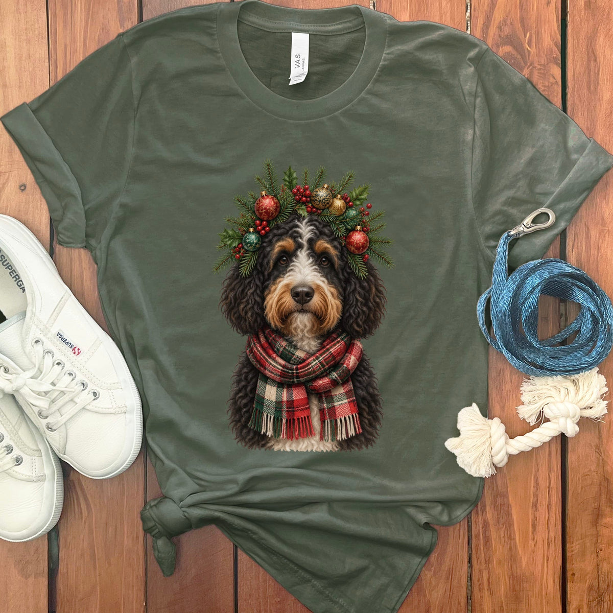 Bernedoodle Holiday Crown T-Shirt in Military Green / S by Puppy Jo