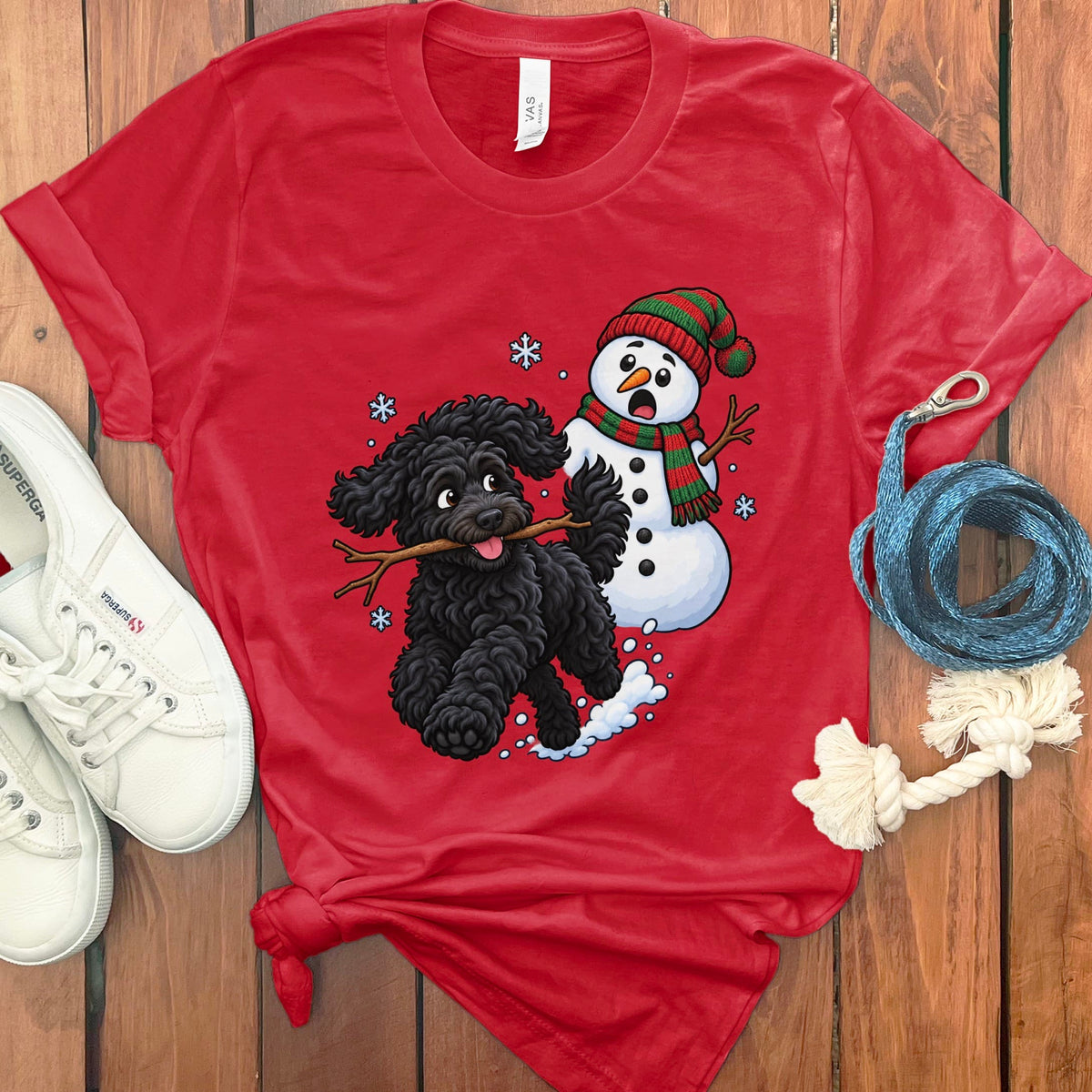 Black Goldendoodle Snowman T-Shirt in Red / S by Puppy Jo