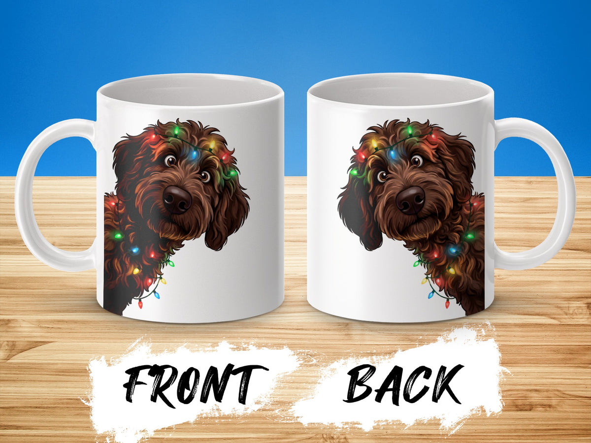 Two white mugs featuring a brown dog with Christmas lights; text reads "FRONT BACK".