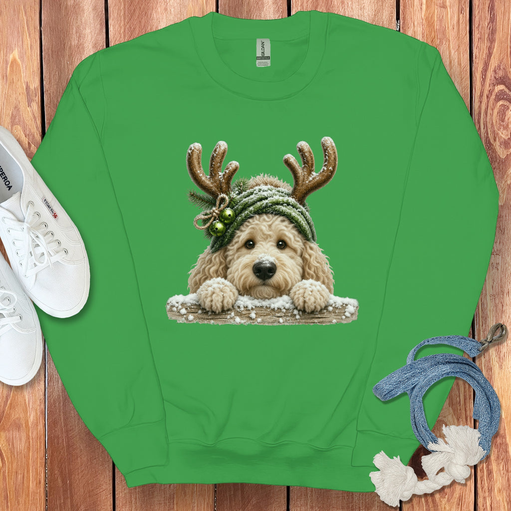 Green sweatshirt with a doodle dog wearing antlers and a hat.
