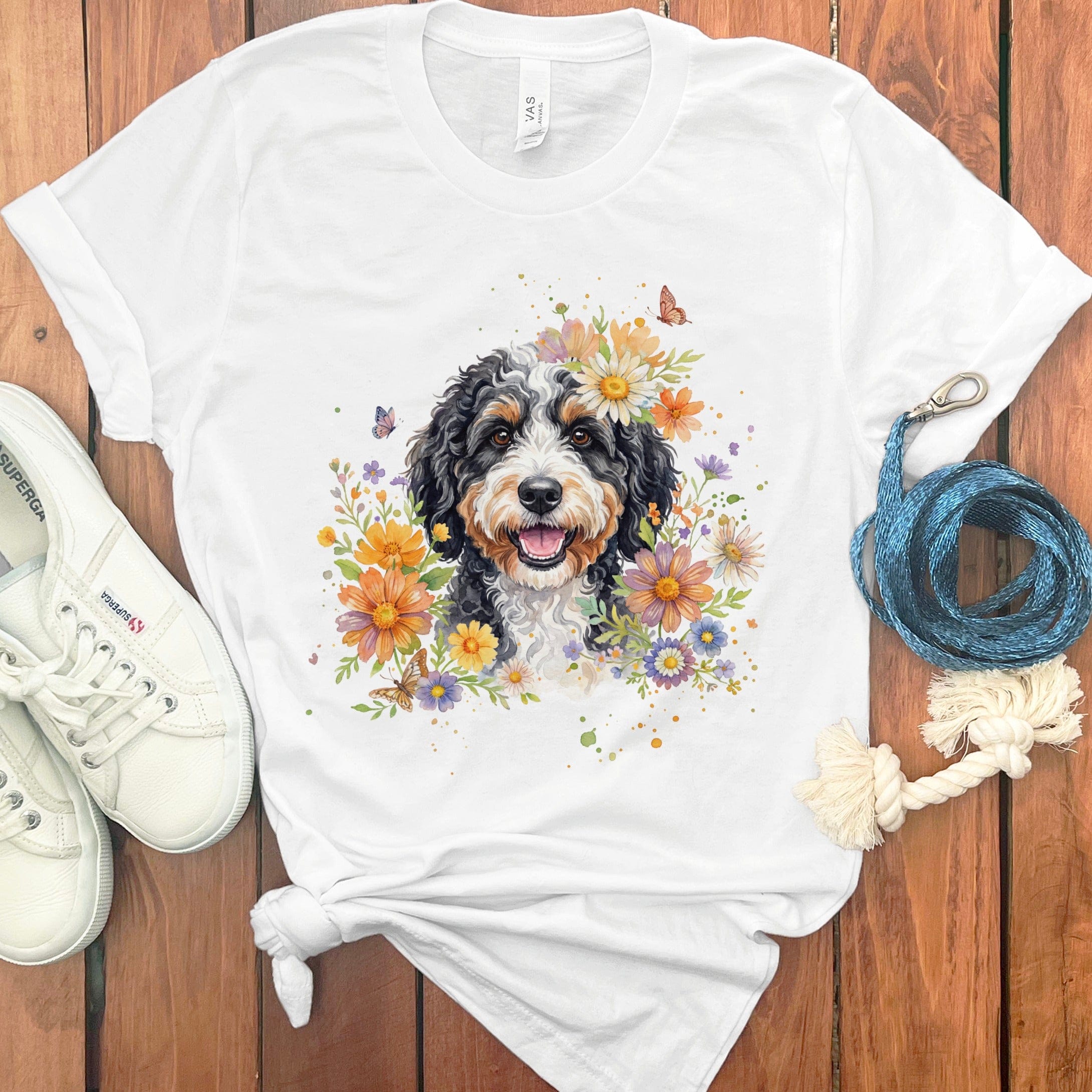 Adorable Dog with Colorful Floral Design Shirt