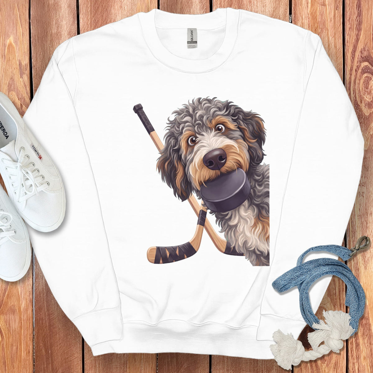 Aussiedoodle Hockey Sweatshirt in White / S by Puppy Jo