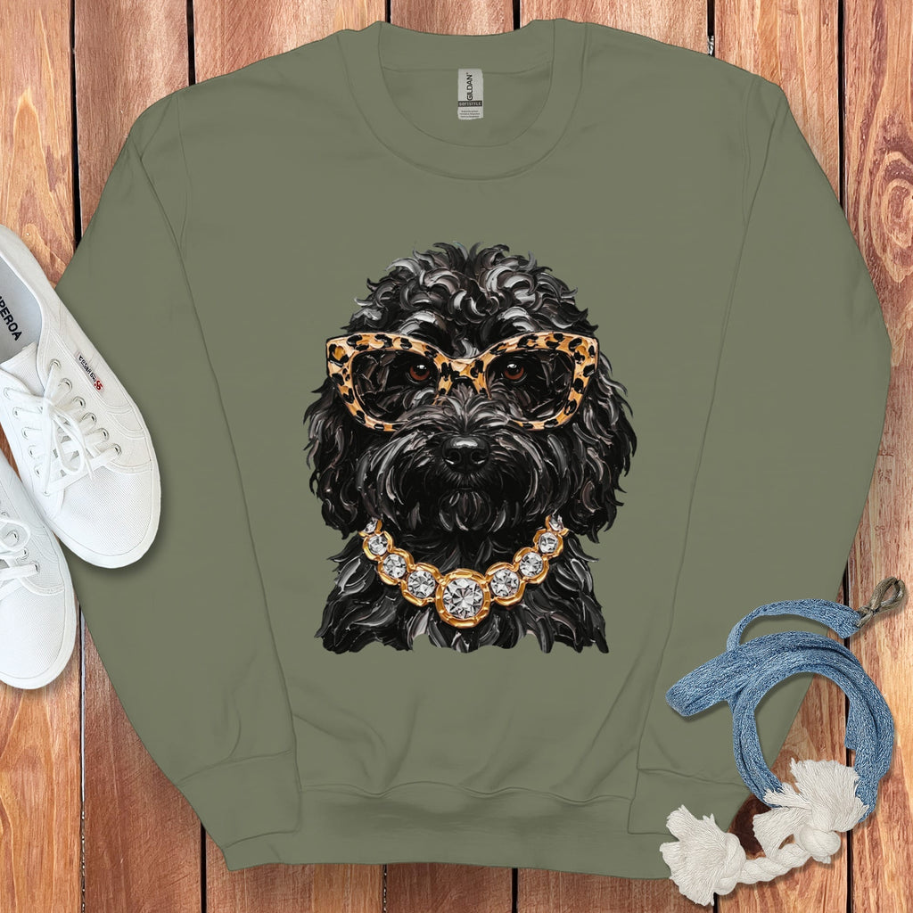Black Goldendoodle Glam Sweatshirt in Military Green / S by Puppy Jo