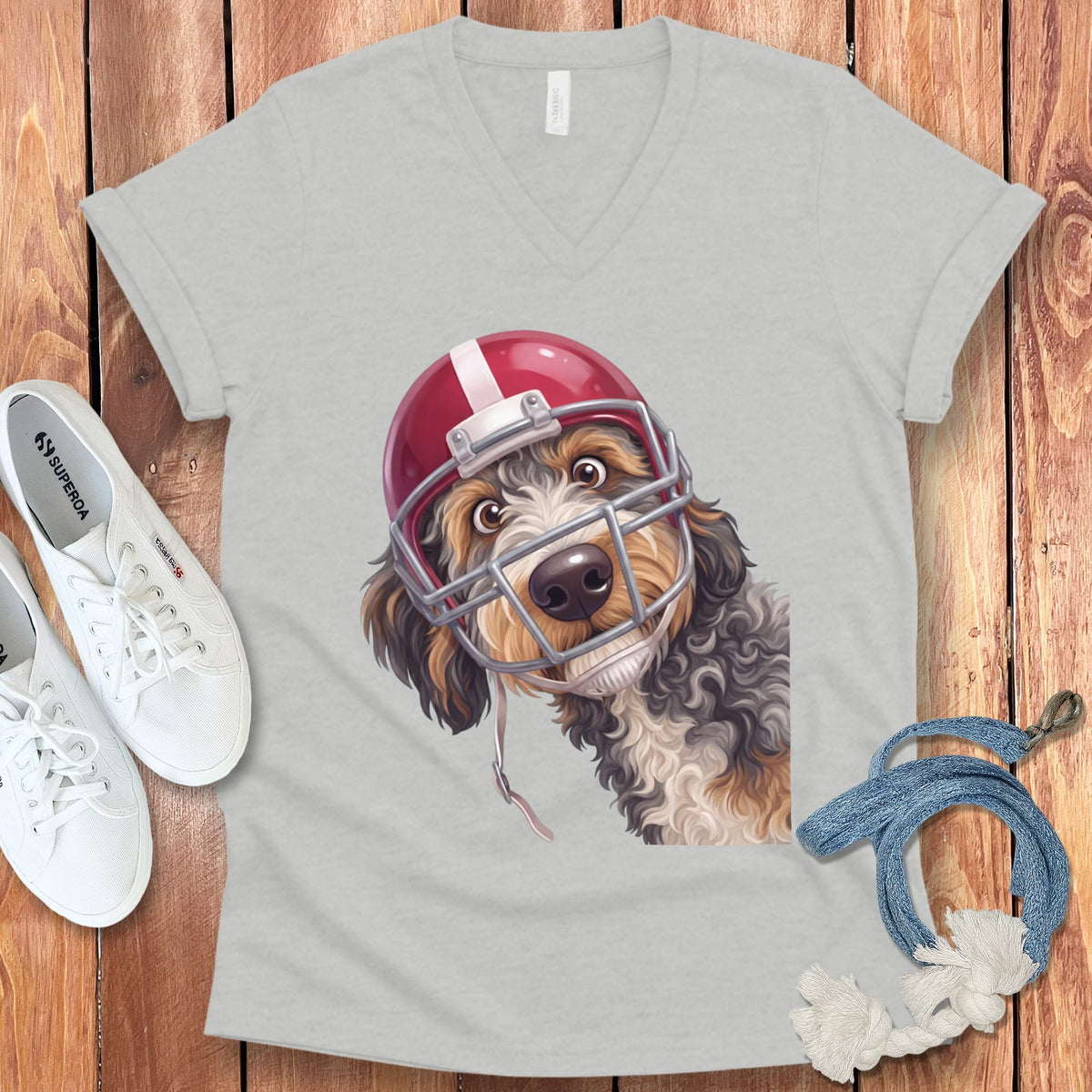 Aussiedoodle Football Helmet V-Neck T-Shirt in Athletic Heather / S by Puppy Jo