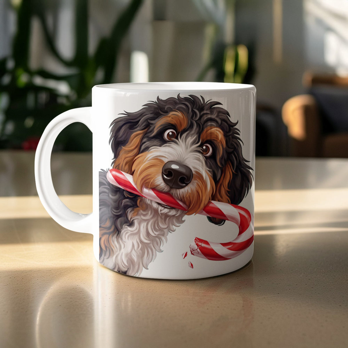 Bernedoodle Candy Cane Thief Mug in by Puppy Jo