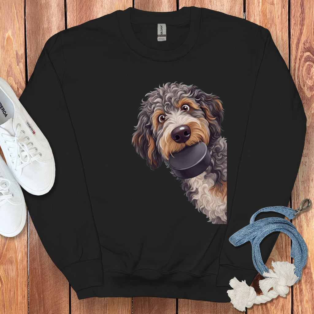 Aussiedoodle Hockey Puck Sweatshirt in Black / S by Puppy Jo