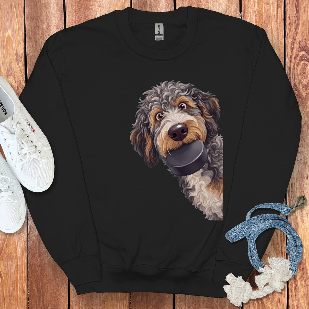 Aussiedoodle Hockey Puck Sweatshirt in Black / S by Puppy Jo