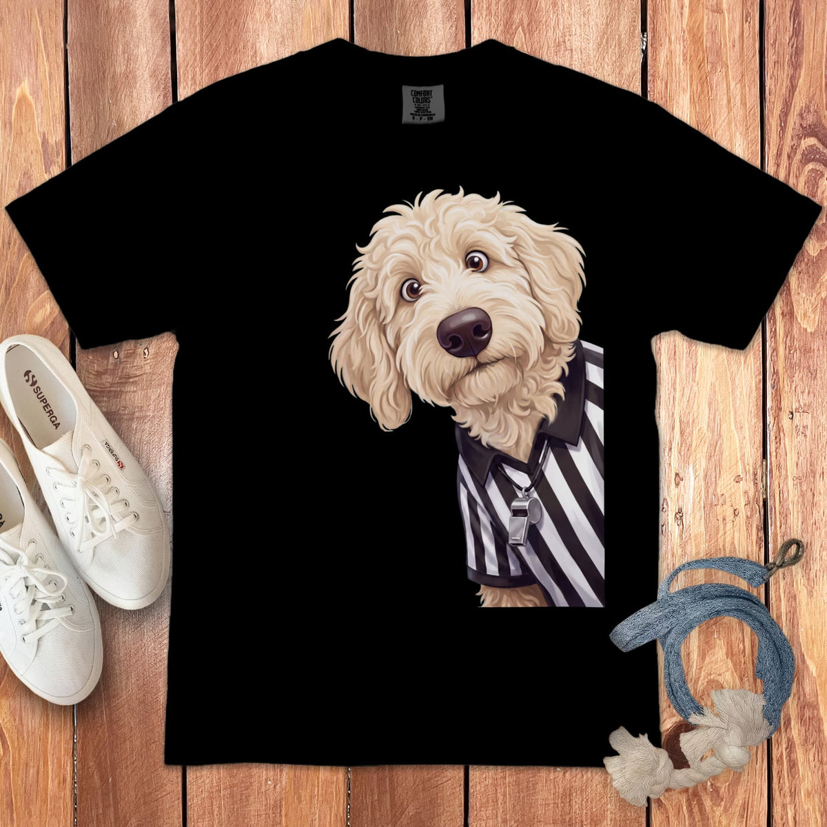 Cream Goldendoodle Football Referee Signature T-Shirt in Black / S by Puppy Jo