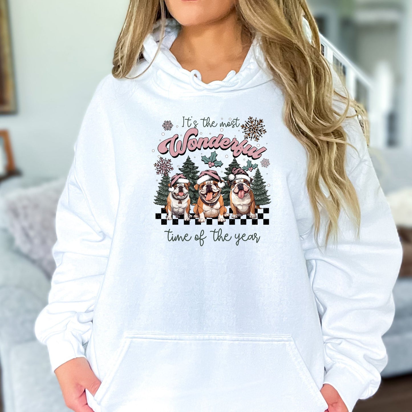 Christmas English Bulldogs Hoodie Sweatshirt - PuppyJo Hoodie S / White