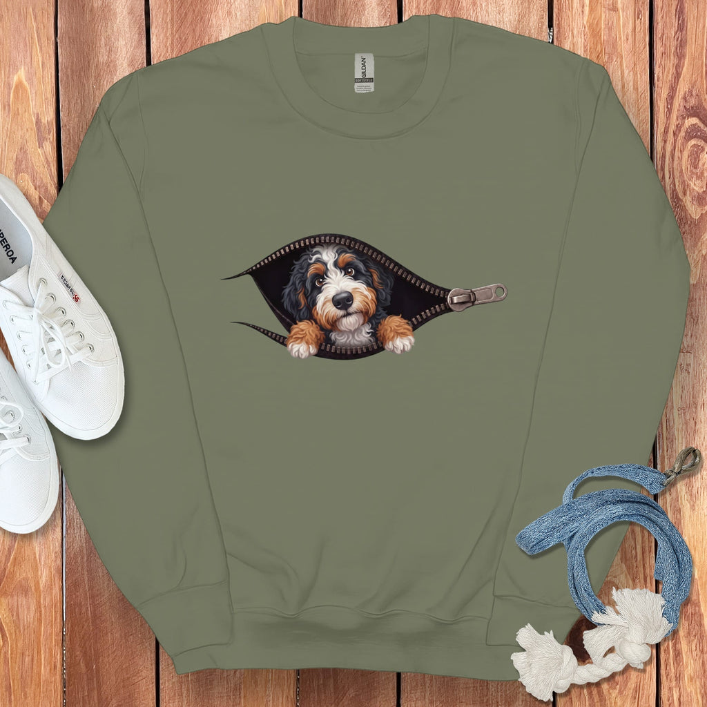 Bernedoodle Peeking Zipper Sweatshirt in Military Green / S by Puppy Jo
