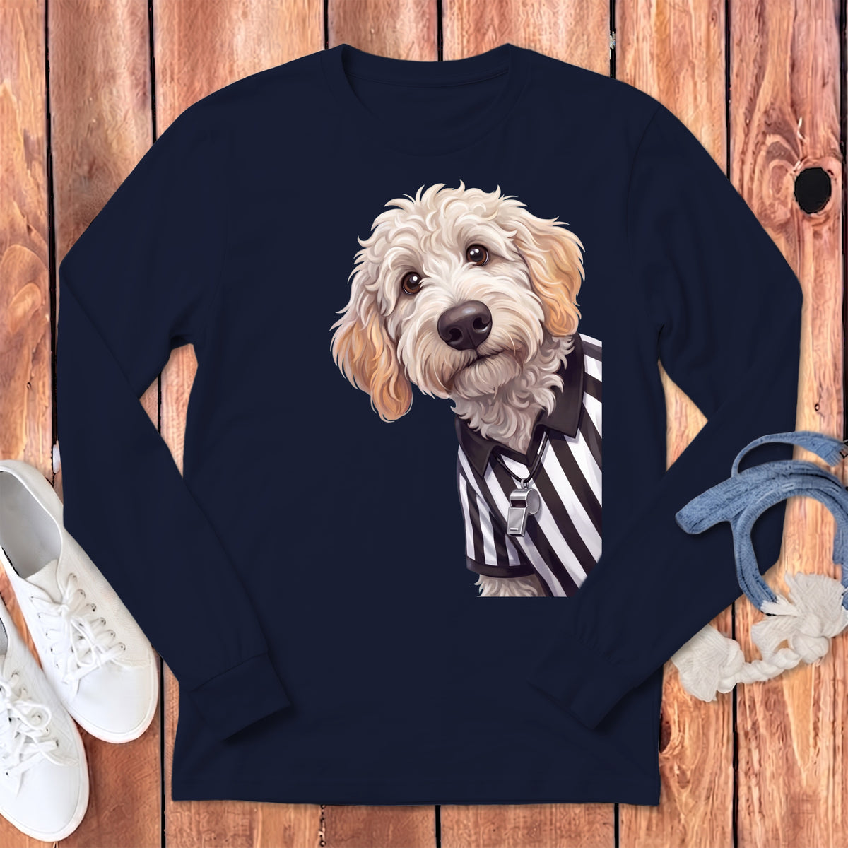 Long-sleeved navy shirt featuring a cartoon dog wearing a referee shirt and whistle.