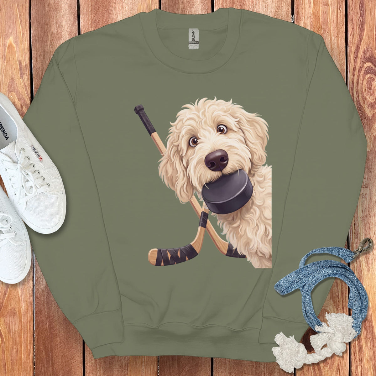 Cream Goldendoodle Hockey Sweatshirt in Military Green / S by Puppy Jo
