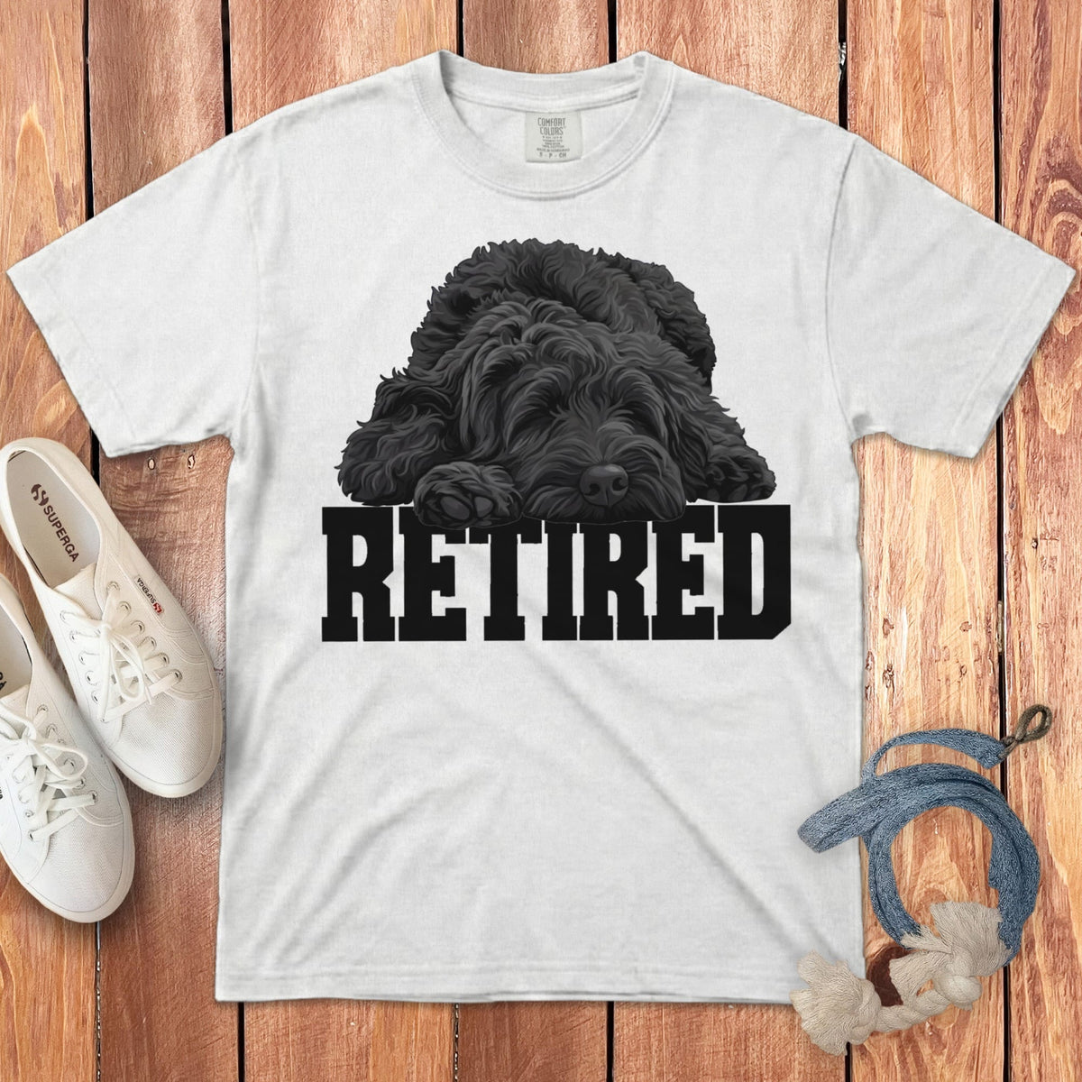 Retired Sleeping Black Goldendoodle Signature T-Shirt in White / S by Puppy Jo