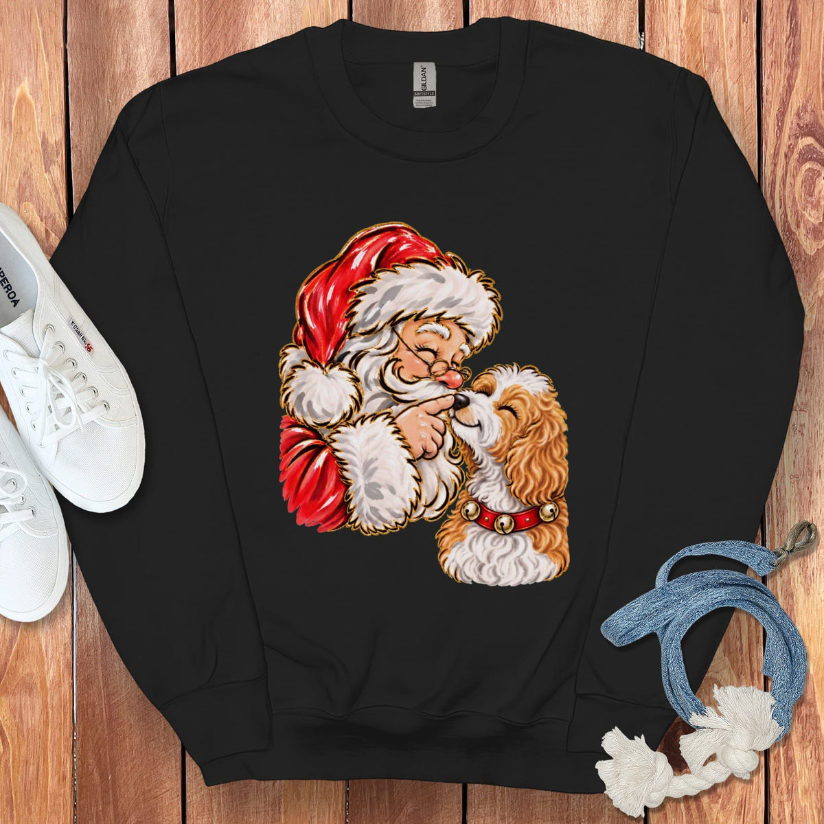 Parti Goldendoodle Santa Kiss Sweatshirt in Black / S by Puppy Jo