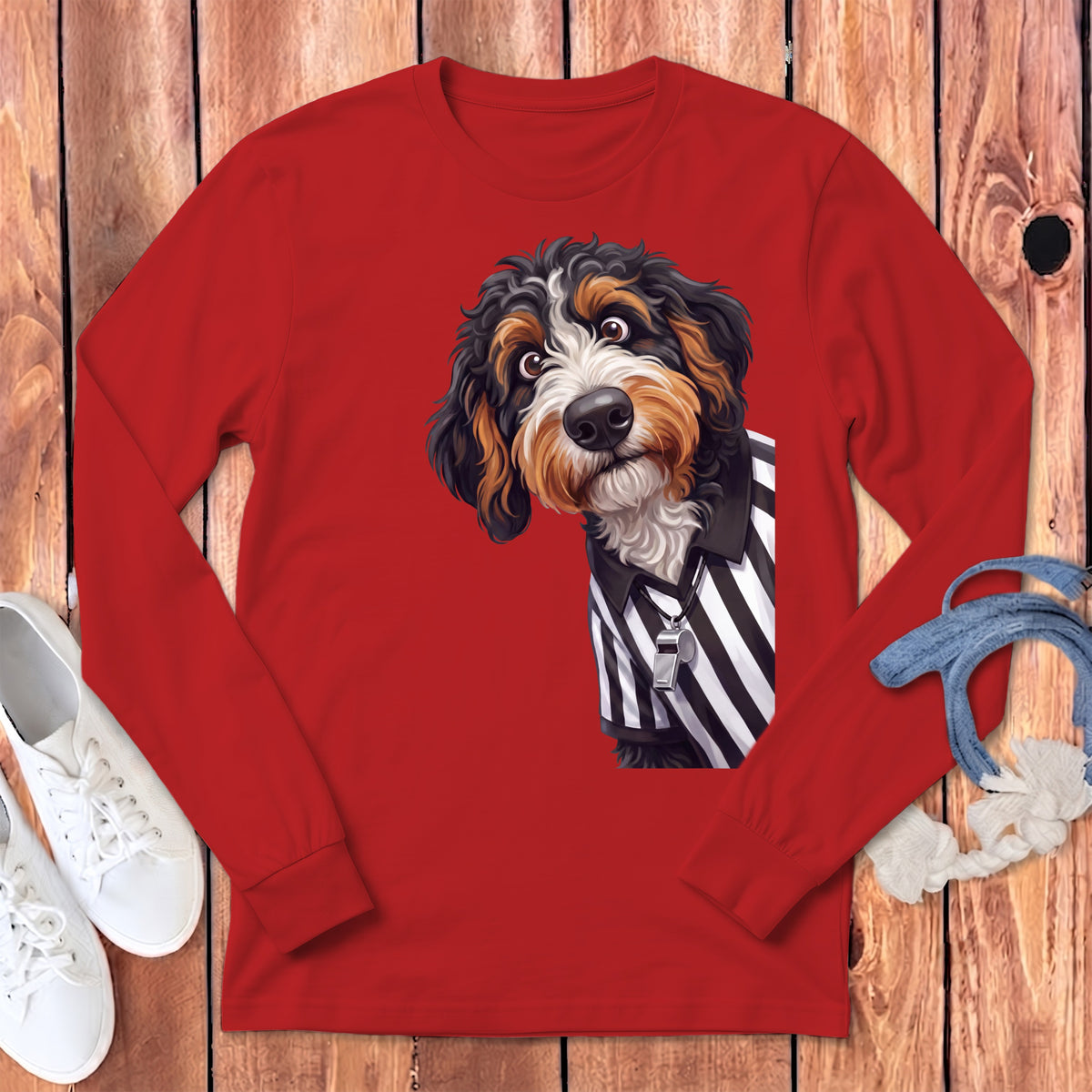 Bernedoodle dog wearing a referee shirt and whistle on a red long-sleeve shirt.
