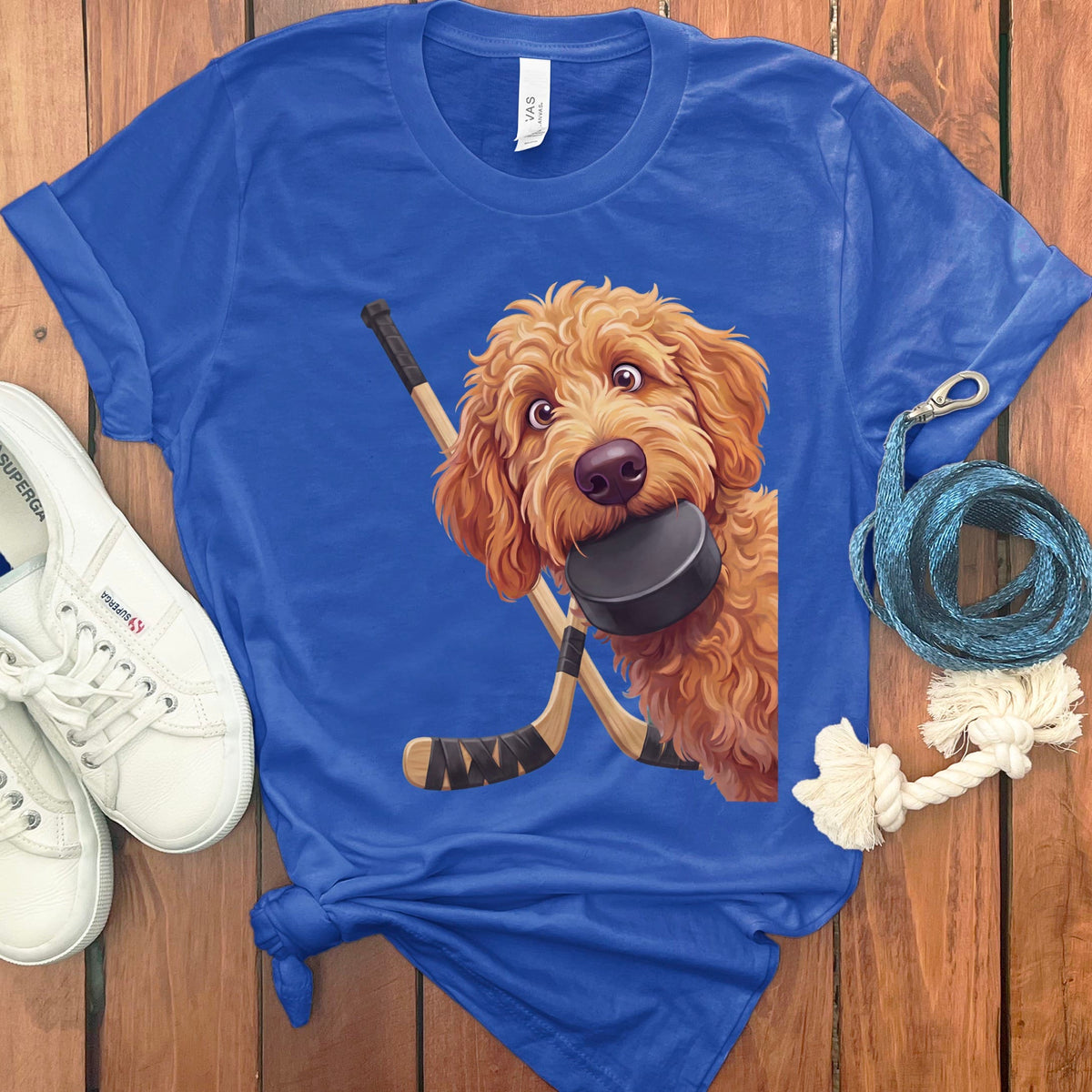Apricot Goldendoodle Hockey T-Shirt in True Royal / S by Puppy Jo