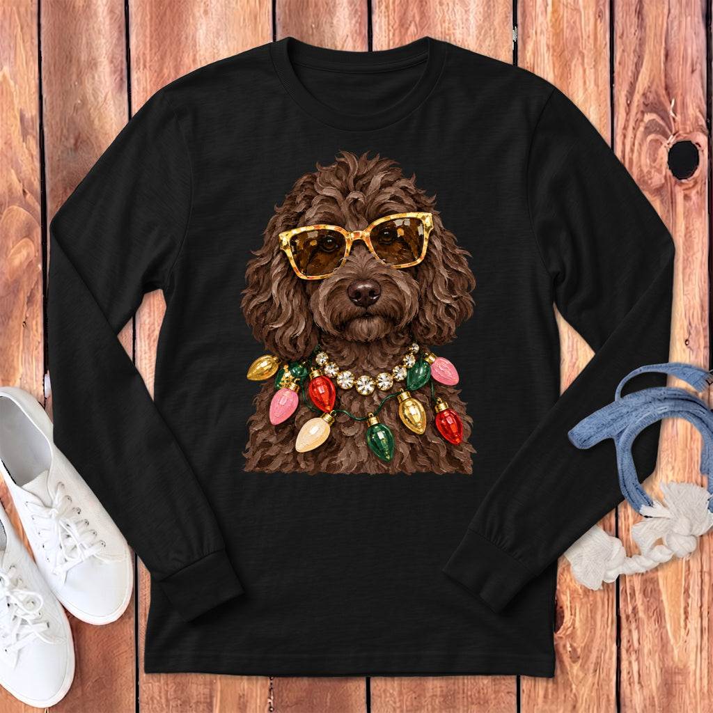 Brown poodle with sunglasses and festive Christmas lights necklace.